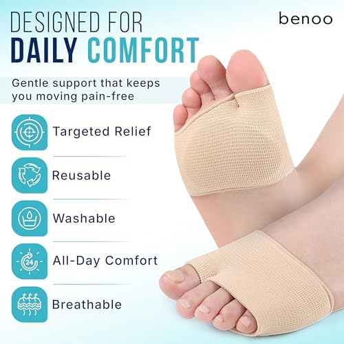 Tan fabric metatarsal sleeves with blue gel padding for Morton's neuroma support.