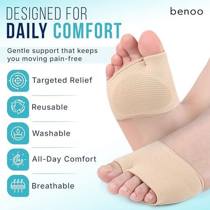 Tan fabric metatarsal sleeves with blue gel padding for Morton's neuroma support.