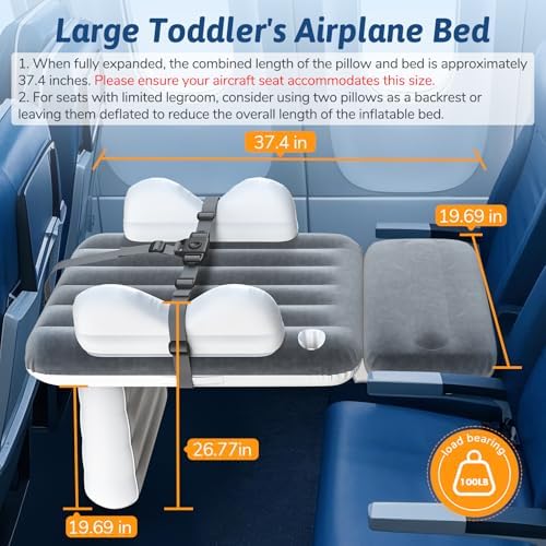 Omzer kids travel bed extended on an airplane seat with a bottle placed in the built-in cup holder.
