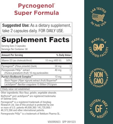 Purity Products Pycnogenol and Pomegranate P40p supplement label showing ingredients and certifications