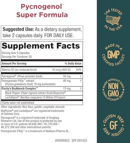 Purity Products Pycnogenol and Pomegranate P40p supplement label showing ingredients and certifications