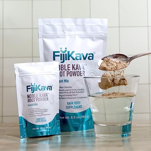 FijiKava sleep support instructions showing instant mixability in a beverage glass.
