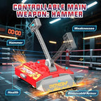 Two RC fighting robots in red and blue combat pose