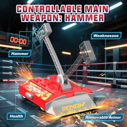 Two RC fighting robots in red and blue combat pose