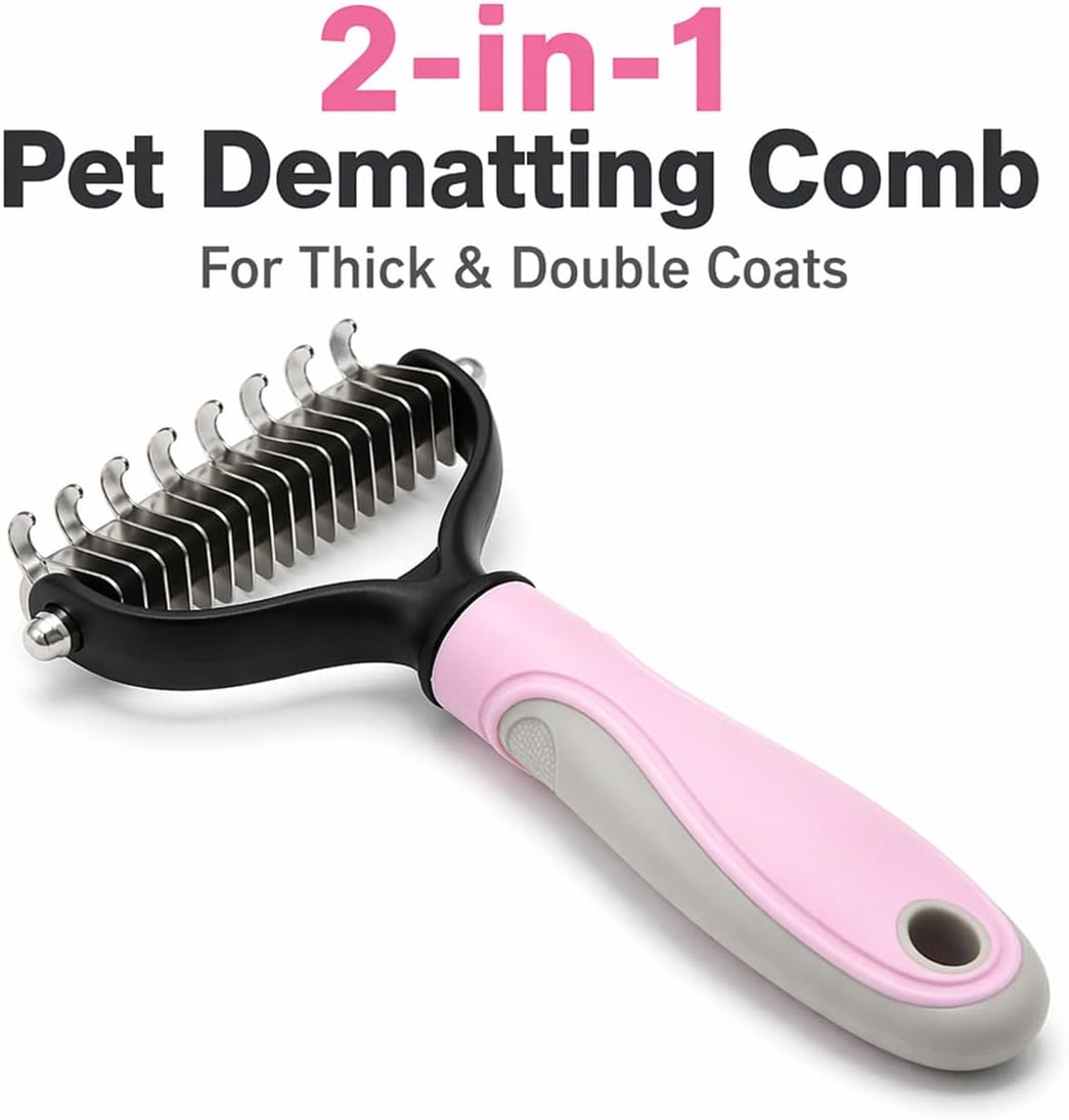 Side view of the pink and blue 2 in 1 pet shedding tool