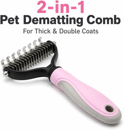 Side view of the pink and blue 2 in 1 pet shedding tool