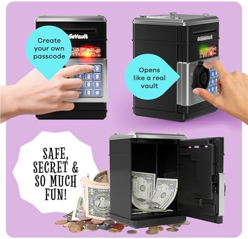 Open door view of the electronic coin bank for kids displaying the spacious internal vault storage area.