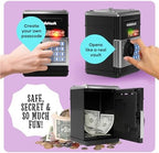 Open door view of the electronic coin bank for kids displaying the spacious internal vault storage area.