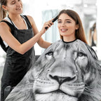 Blueangle lion portrait hairdressing cape styled in a home haircutting setup