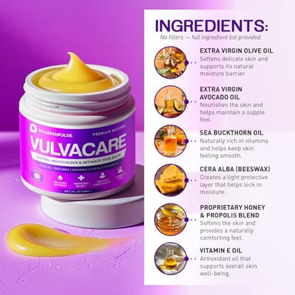 Pharmapulse Vulvacare two ounce jar showing natural ingredient list.