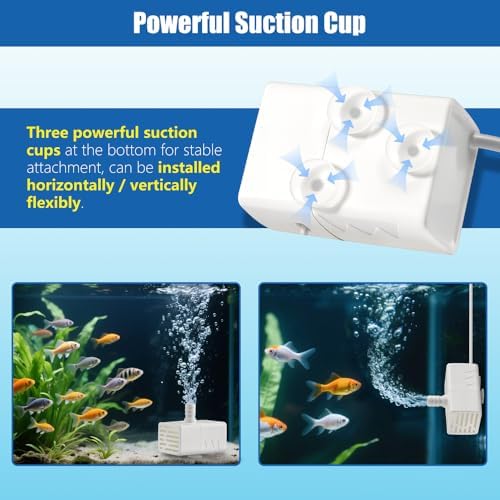 Novique small pond water pump installed vertically inside a clear glass aquarium tank setup.