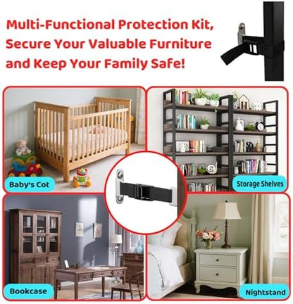 Heavy duty anti tip wall anchors with non slip buckles securing a tall bookshelf