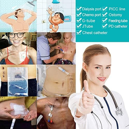 Waterproof shield holding medical transfer set safely away from direct water exposure