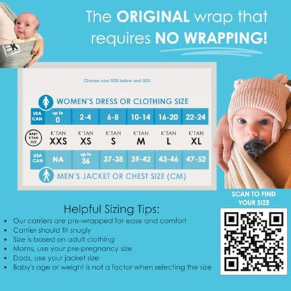 Infant sitting safely in a Charcoal Medium pre-wrapped cotton baby sling showing hands-free support.