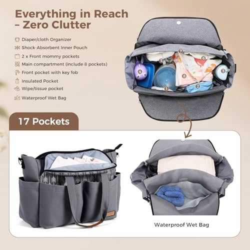 Interior view of Lekebaby diaper bag showing 17 pockets
