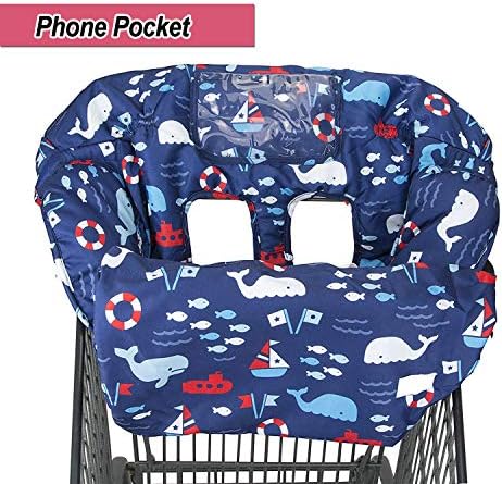 Close up view of the front storage zipper pouch on the blue whale baby cover
