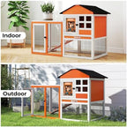 48" L Rabbit Hutch Outdoor Indoor, Expandable 2-Story Large Wooden Bunny Cage with Run, Removale Tray, Top-Opening Waterproof Roof, 2 Doors, DIY Drawing Board, Orange + Colorful Pattern - Image 3