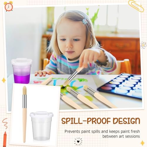 No spill plastic paint mixing containers with secure lids filled with colorful paints for children.