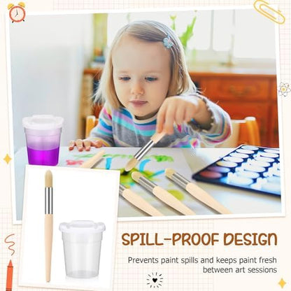 No spill plastic paint mixing containers with secure lids filled with colorful paints for children.