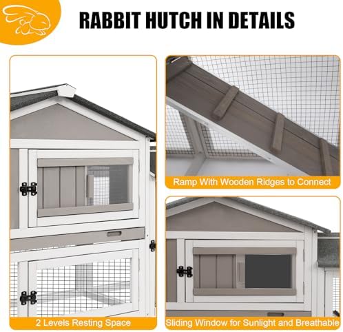 PetsCosset 114" L Rabbit Hutch Indoor and Outdoor 2-Story Rabbit Cage with Pull Out Tray,Fir Wood Guinea Pig Cages with Wooden Ramp,Waterproof Bunny Cage Indoor Bunny Hutch with 2 Asphalt Roofs,Grey - Image 7