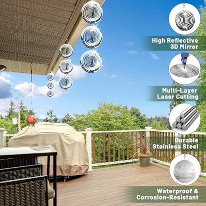 Set of 12 reflective bird deterrent discs in a modern yard setting.