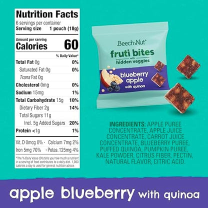 Beech-Nut Fruti Bites 6 Boxes collection displaying the Blueberry Apple with Quinoa and Apple with Chia flavors.