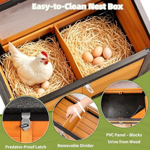 Chicken Coop with Run for 4-6 Chickens, Outdoor Mobile Hen House with Wheels, Easy Clean Nesting Box and Tray, Waterproof Asphalt Roof, Better Airflow, Wooden Poultry Cage, Brown, 81.5"x25.6"x44.1" - Image 7