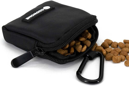 Black waterproof pet walking pouch showing built-in poop bag dispenser with roll
