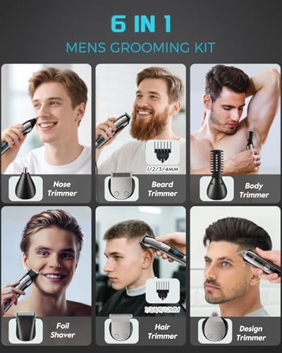 Brightup professional men grooming kit showing six interchangeable trimmer heads arranged on the storage stand.