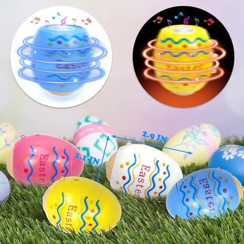 Children playing with colorful light up Easter egg toys