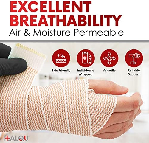 Healqu medical bandage applied to a knee for joint support and injury recovery.