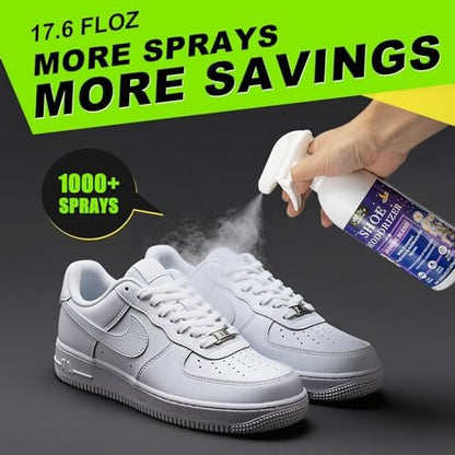 Meuvcol enzyme based shoe deodorizer bottle displayed alongside athletic cleats leather boots and gym gear showing multi surface use