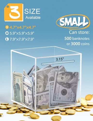 Kypeeka unopenable money saving box side view demonstrating thick acrylic sheet construction and minimalist cube profile