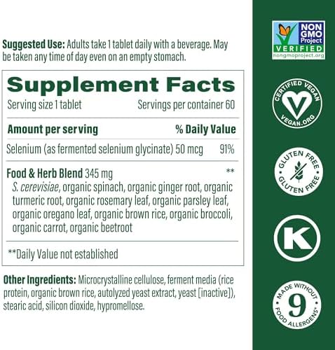 MegaFood Selenium supplement bottle showing food and herb blend ingredients