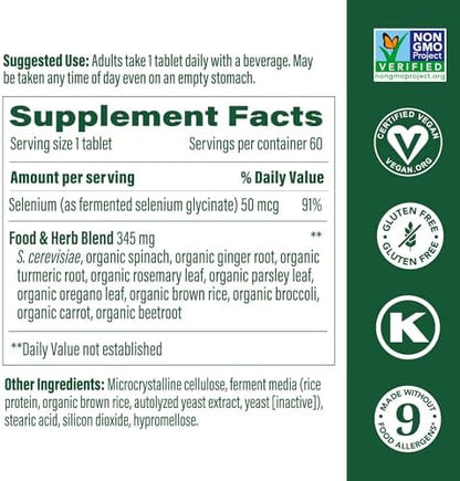 MegaFood Selenium supplement bottle showing food and herb blend ingredients
