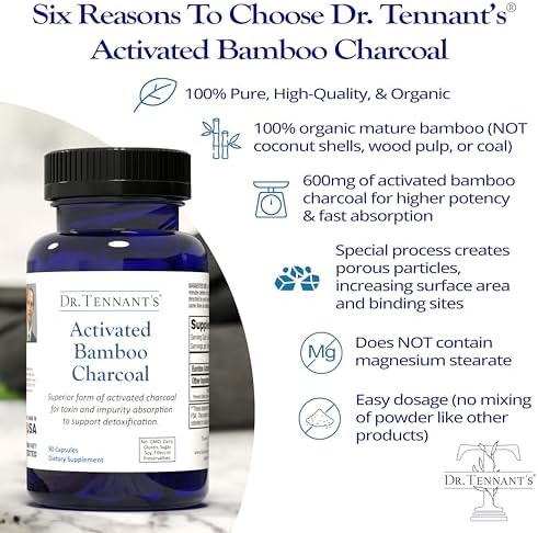 Dr. Tennant's Activated Bamboo Charcoal 90 vegetarian capsules bottle displayed upright with focus on gastrointestinal cleansing benefits