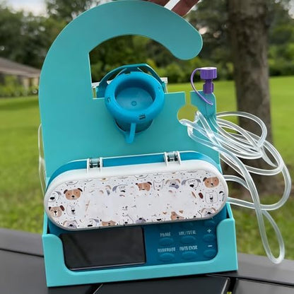 HelperKat medical tube organizer stand holding an EnteraLite Infinity device securely