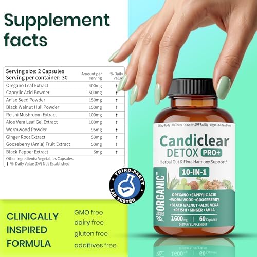 FirstOrganic Candiclear Detox Pro supplement side panel displaying herbal ingredients list