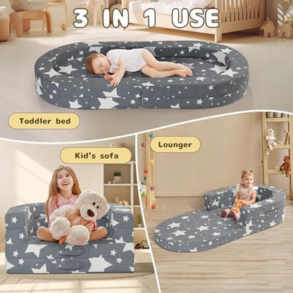 Tykacna foldable toddler bed side profile highlighting the 3-inch thick protective safety foam guardrails.