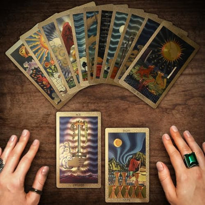 Back view of EGCUQ gold foil tarot cards