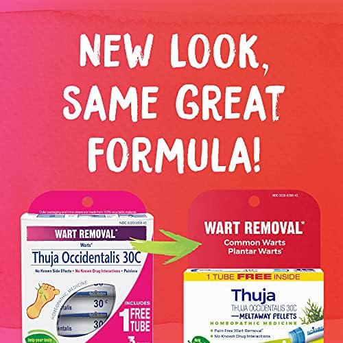 Three tubes of Boiron Thuja 30C pellets for painless plantar wart treatment.