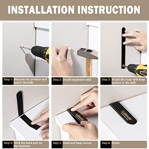 LuBanSir anti tip straps securing a tall wooden bookcase to prevent accidental tipping hazards.