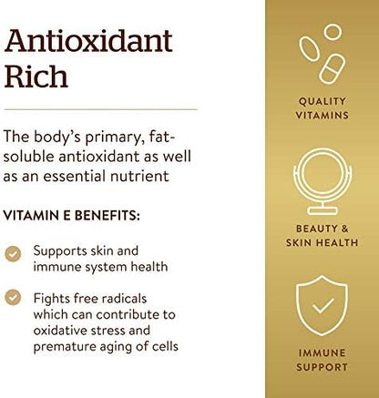 Authentic imported Solgar Vitamin E oil-based softgels for premium immune system defense
