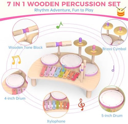 Rmischolar kids wooden drum kit with brass cymbals and mallet for toddler sensory play.