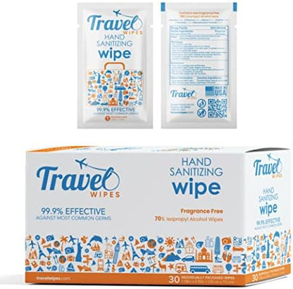 Hand Sanitizing Travel Wipes – 30ct Individually Wrapped | Fragrance-Free, Moisturizing, 70% Isopropyl Alcohol Wipes | Travel, Home, Office, Daily Use | Made in USA - Image 1