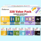 Assorted bulk first aid strips in six different material styles neatly organized.