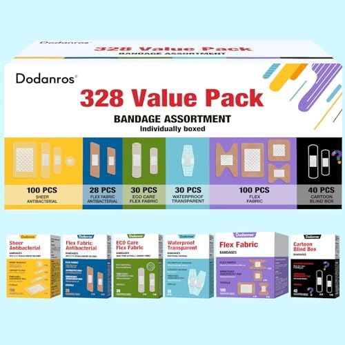 Assorted bulk first aid strips in six different material styles neatly organized.