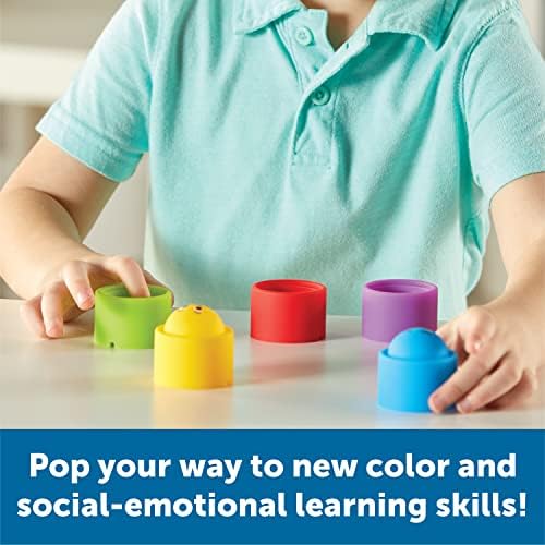 Five colorful Learning Resources silicone emotion poppers stacked together vertically to demonstrate fine motor skill play