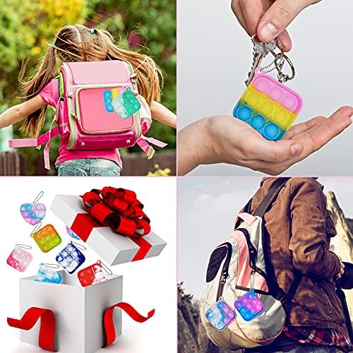 Clanam small square tie dye sensory toys attached to school bags and keys close up view