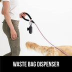 Detachable pet waste bag dispenser attached to pink heavy duty rope